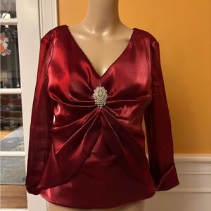 Cachet Deep Red Satin Blouse with Jewel Accent